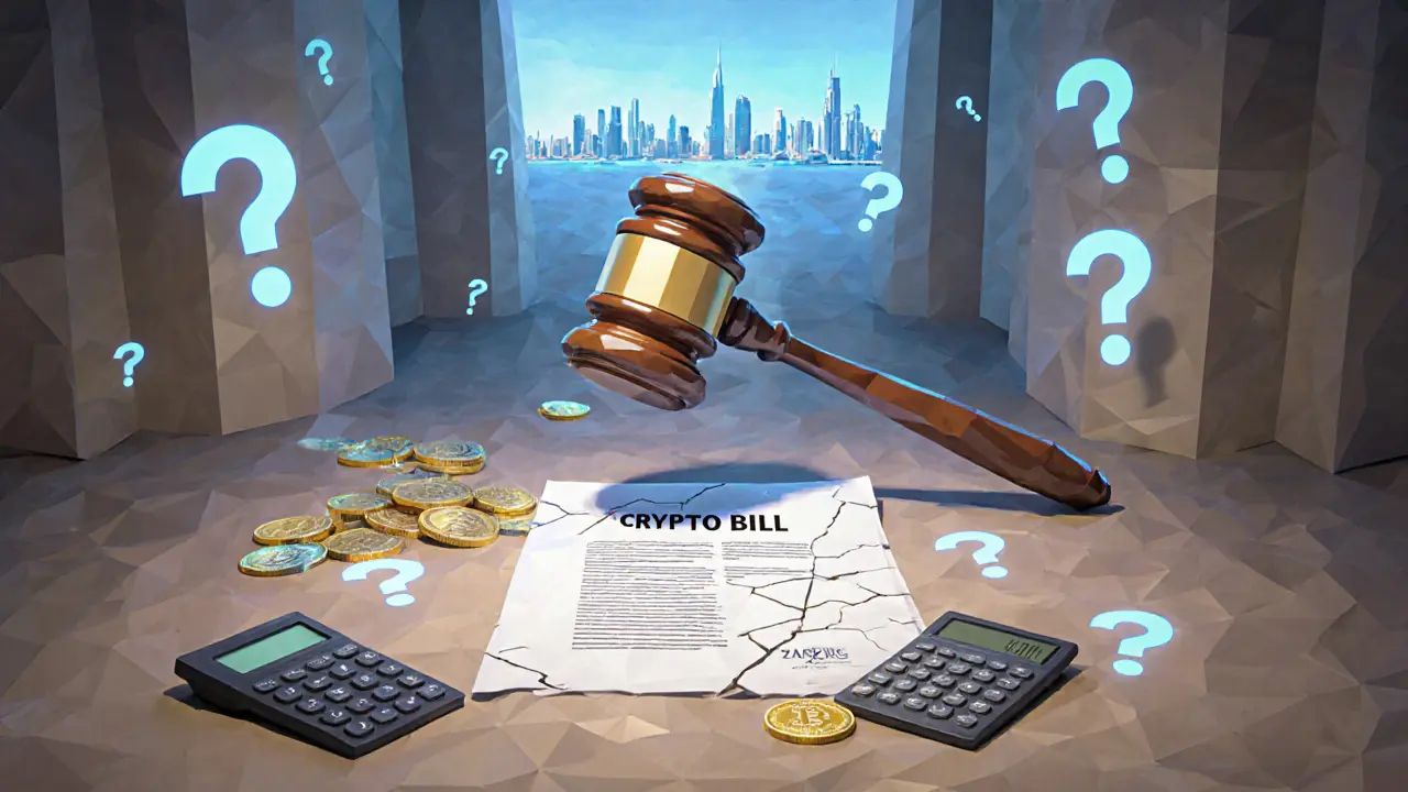 A courtroom with a blockchain gavel above a stalled crypto bill, leading to global horizons.
