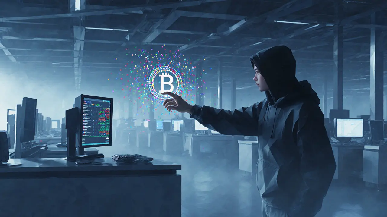 A lone figure reaching for a dissolving MATE token at an abandoned exchange terminal.