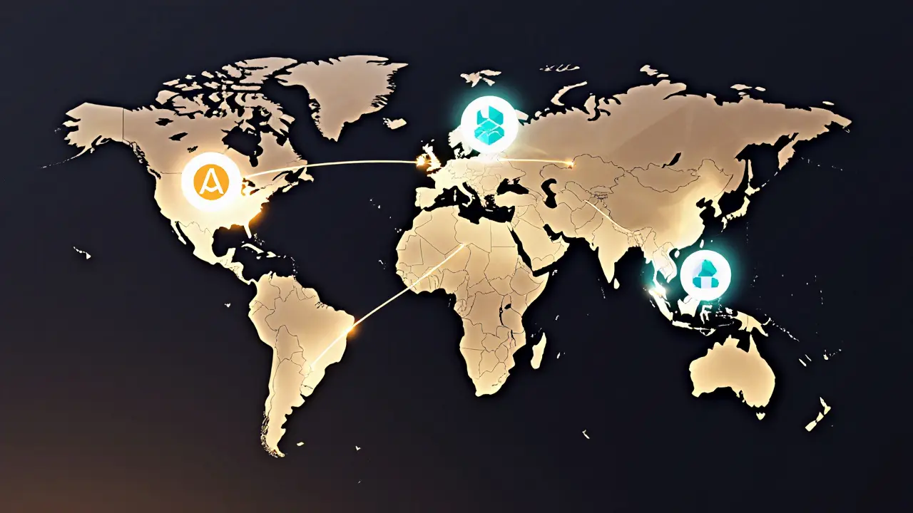 A low-poly global map with glowing lines connecting countries via stablecoins, symbolizing decentralized remittances.