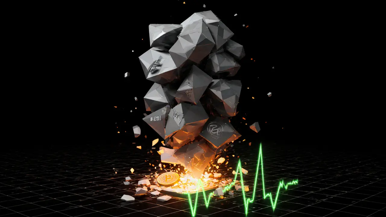 A tower of crypto assets collapsing as a stablecoin shatters, with a smart contract warning pulse in orange and gray.