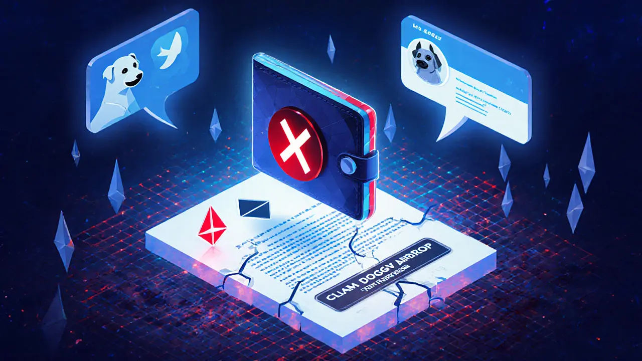 A wallet icon near a broken contract with warning symbols, surrounded by ghostly bot avatars.
