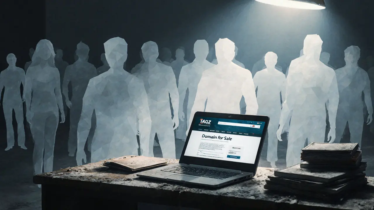 An abandoned laptop shows a &#039;Domain for Sale&#039; screen as ghostly users fade away.