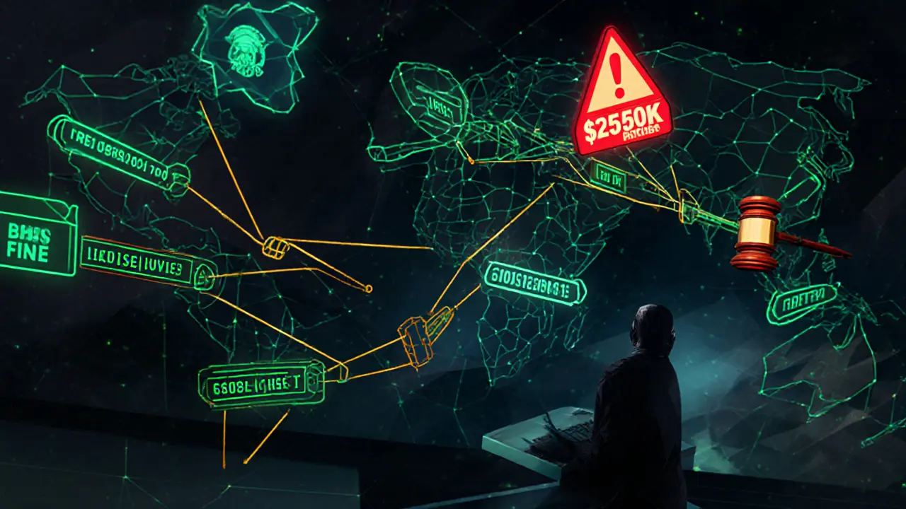 An analyst in a futuristic control room tracking crypto transactions across global maps.