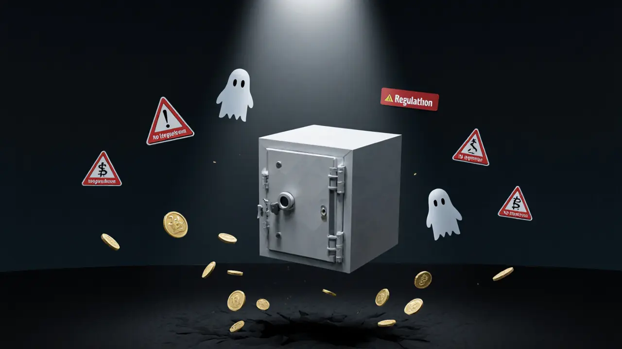 An empty vault with crypto coins falling into darkness, symbolizing lost funds and no protection.