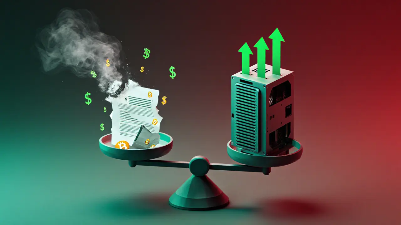 Balance scale with fading contract versus sturdy ASIC miner, symbolizing ownership vs rental in mining