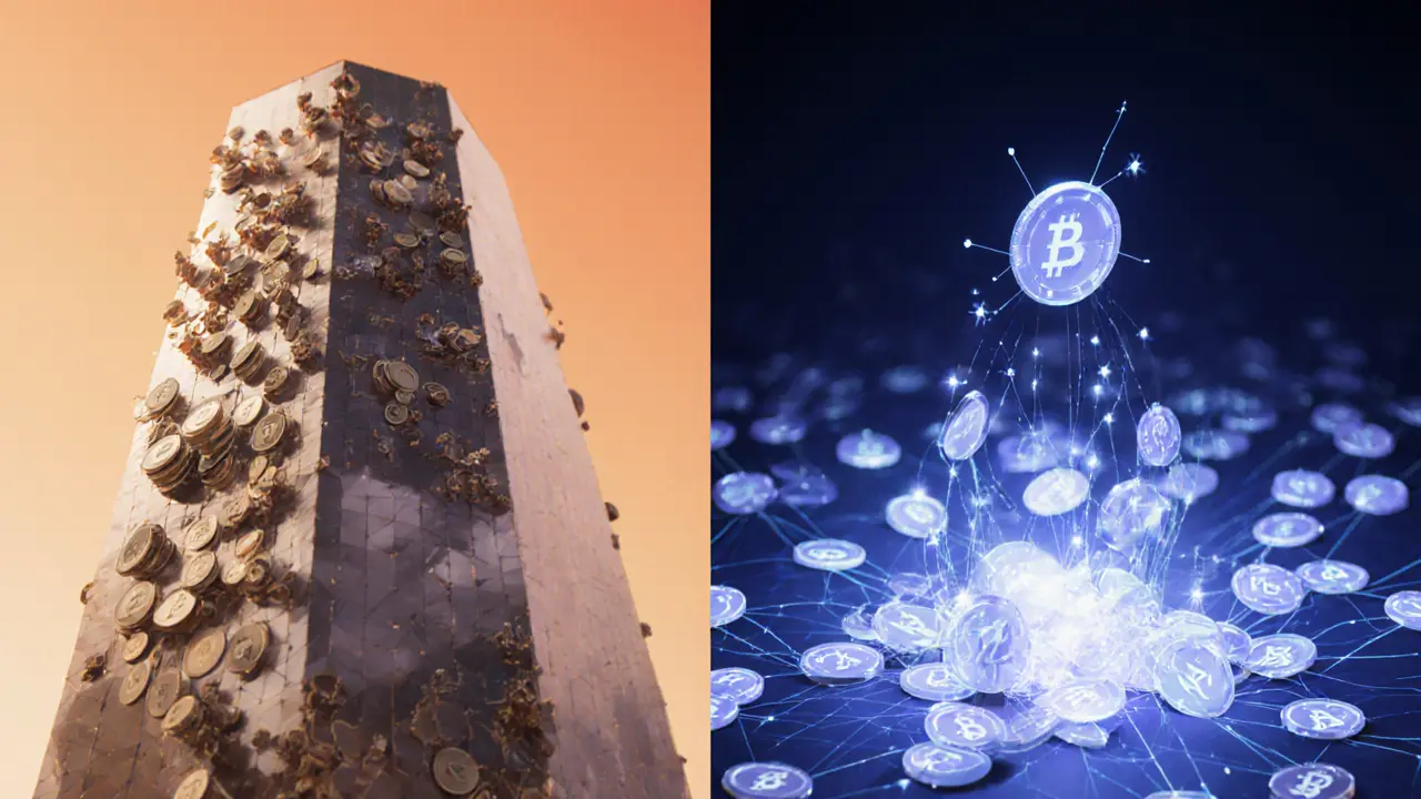 Contrast between mainstream DeFi towers and fragile Omnipair network of unique tokens with thin glowing connections.