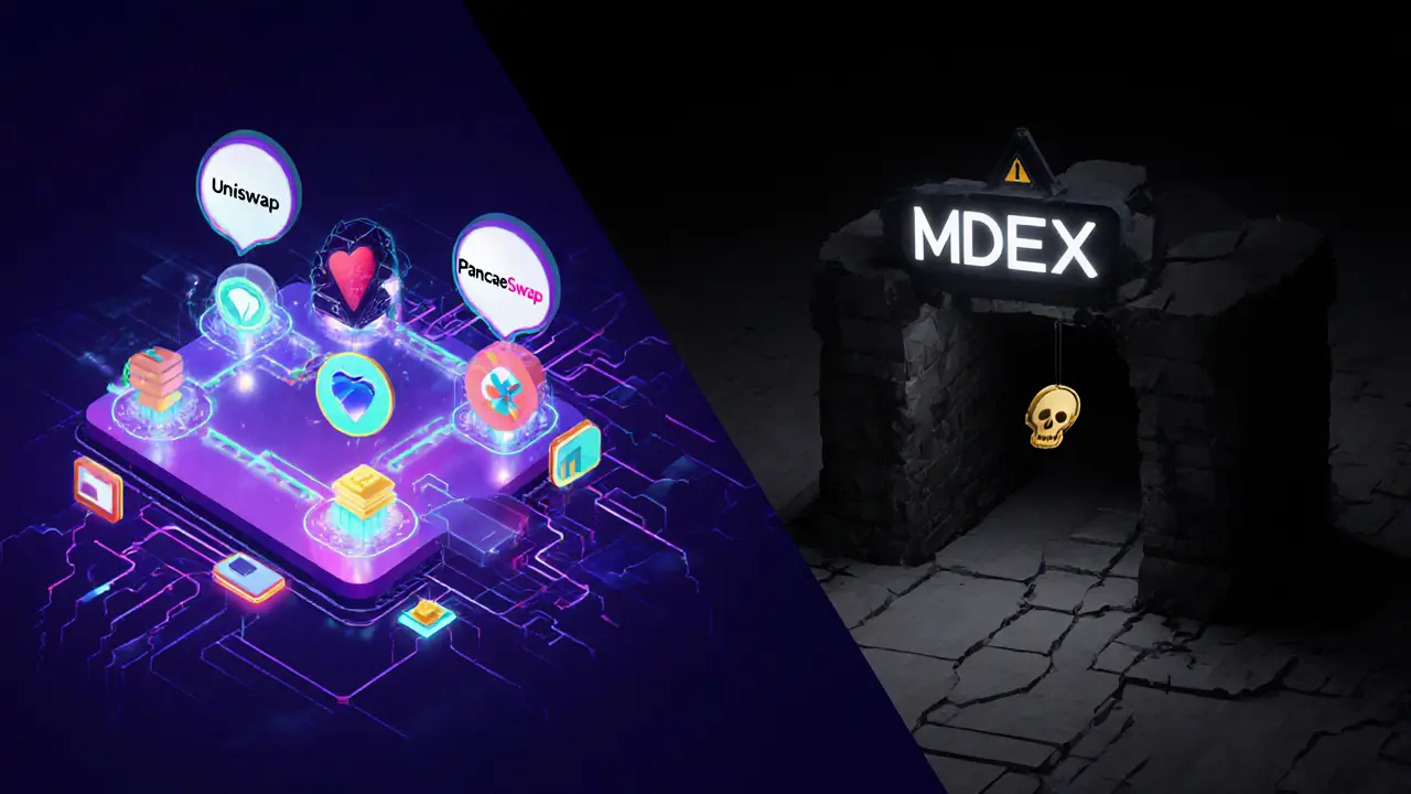 Contrasting scene: active DeFi hub on left, silent MDEX structure on right with warning skull above.