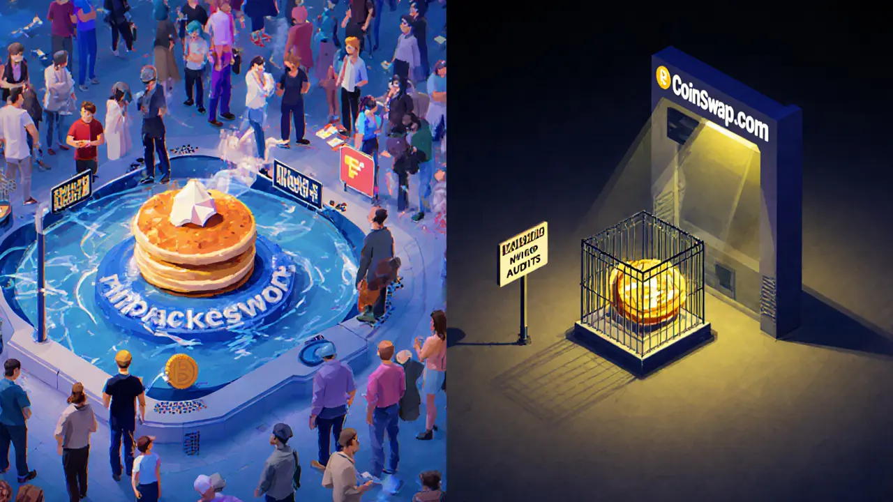Contrasting scene: active PancakeSwap hub vs. lonely, inactive CoinSwap supernode station.