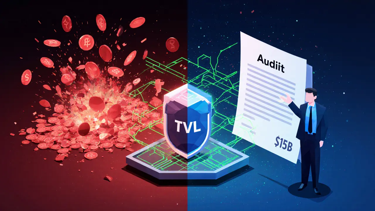 Contrasting scene of a hack disaster versus a secure audit outcome with Cyfrin&#039;s auditor at the center.