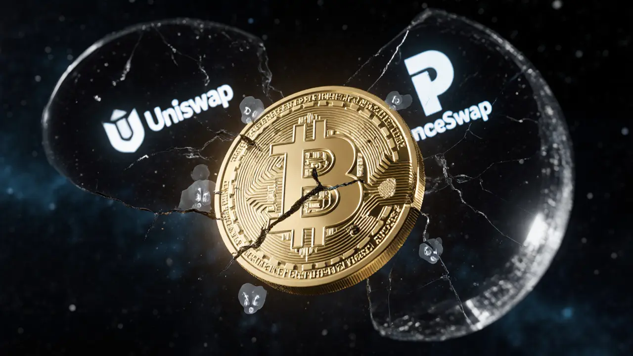 Cracked MDX token fading to transparency as mining rewards vanish, with clear Uniswap and PancakeSwap reflections behind.