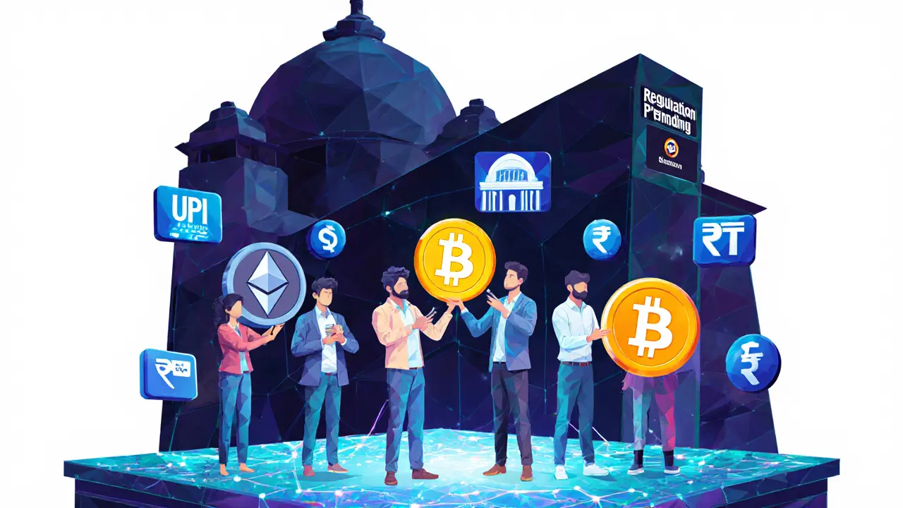 Diverse Indian traders on a digital platform surrounded by crypto assets and payment symbols.