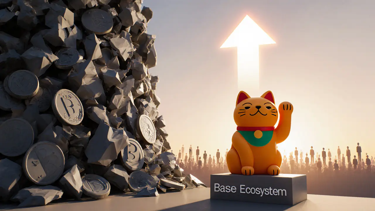 Forgotten meme coins crumble while Mochi stands firm on Base ecosystem pedestal.