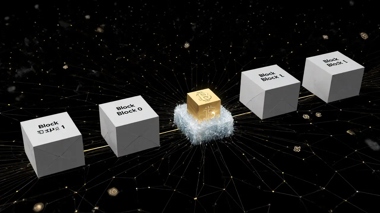 Fractured timeline showing six-day gap between Bitcoin&#039;s first two blocks with frozen 50 BTC reward.