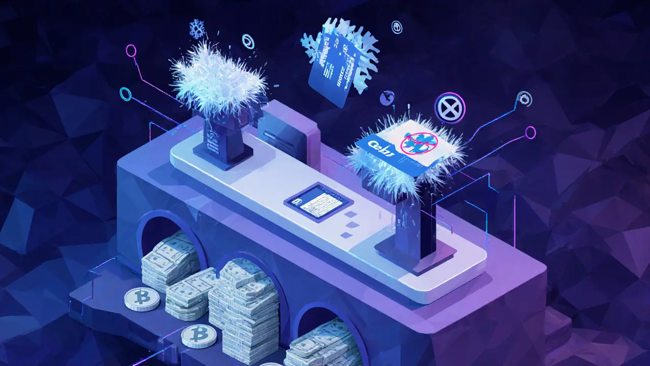 Frozen bank cards above underground crypto tunnels lit in blue and purple tones.