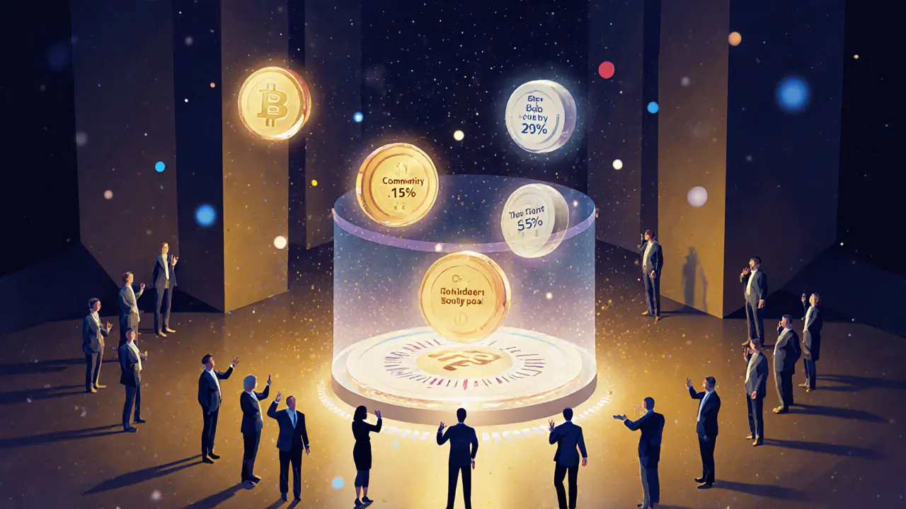 Futuristic DAO treasury with community-controlled token orbs and transparency metrics glowing in the center.