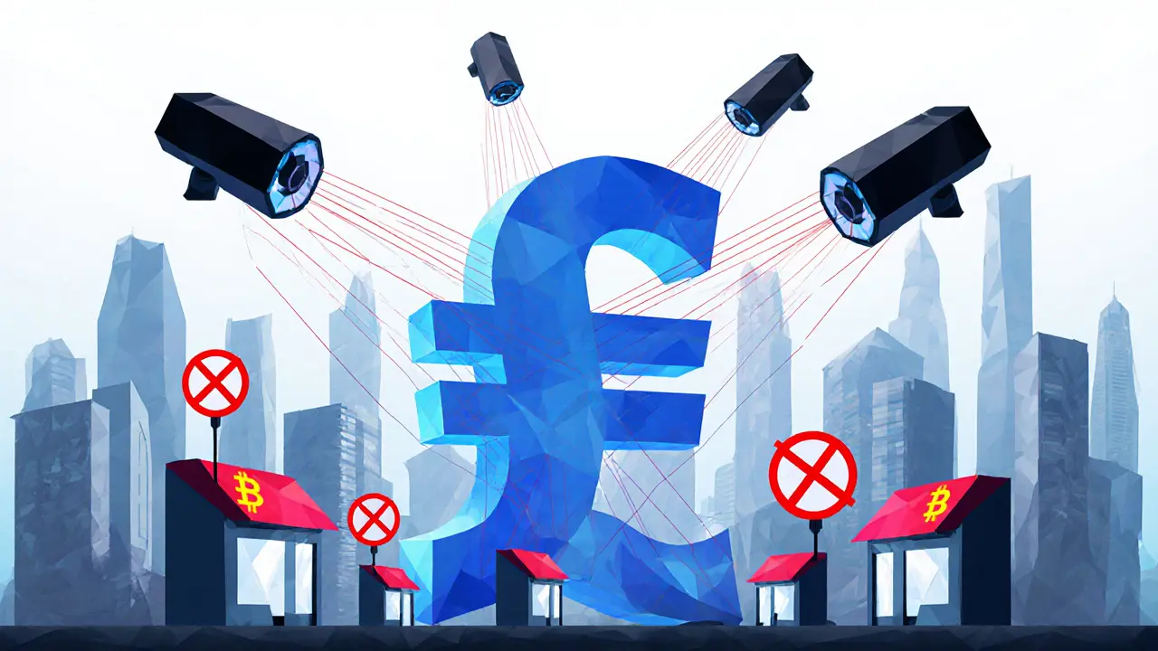 Geometric digital yuan symbol radiating surveillance lines over low-poly businesses, each marked with crypto prohibition symbols.
