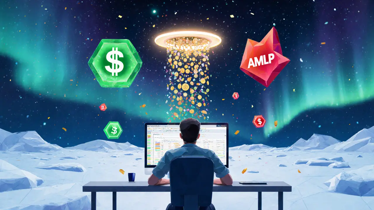 Geometric liquidity pools and AX Points rising in a stylized Arctic blockchain landscape.