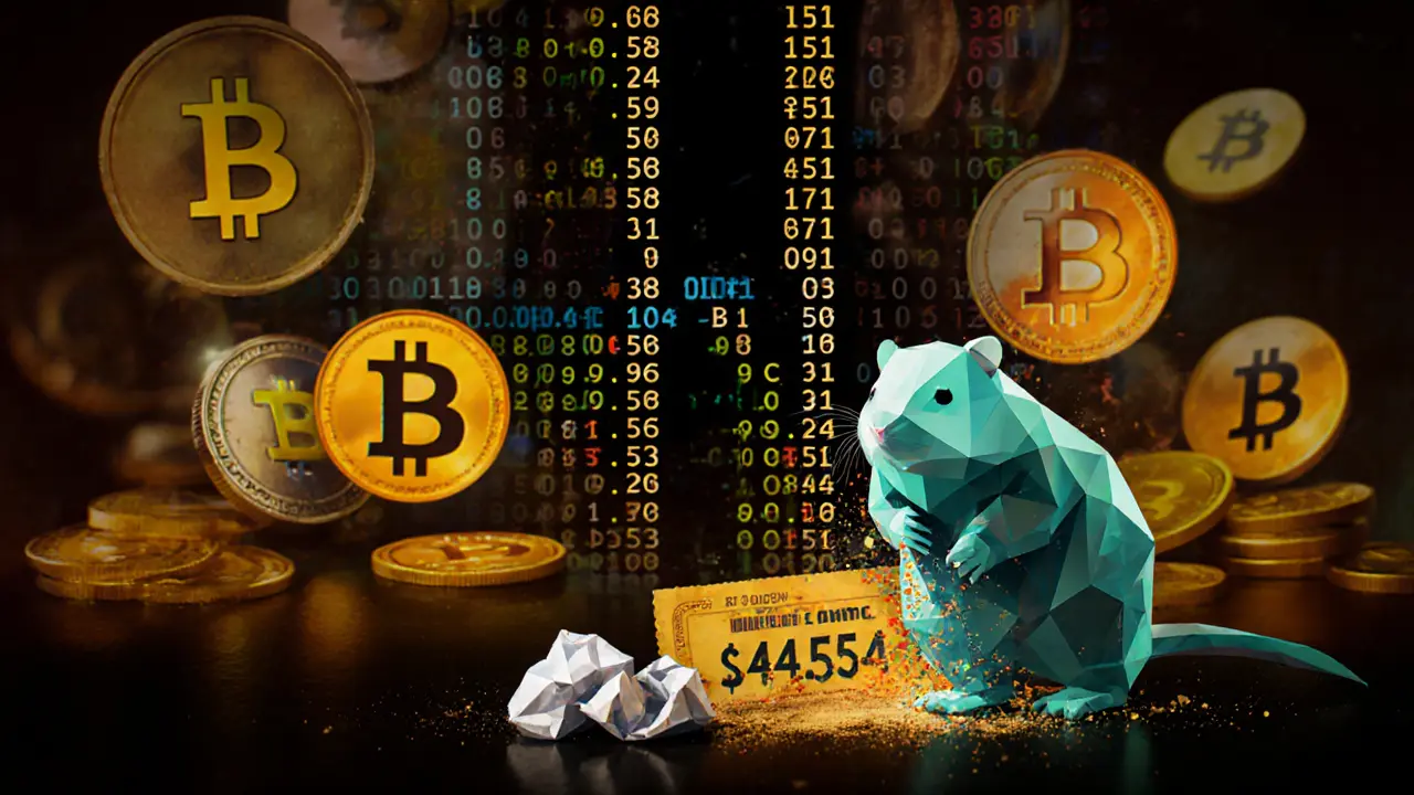 Ghostly marmot dissolving into pixels before a wall of crypto rankings, with a lottery ticket nearby.