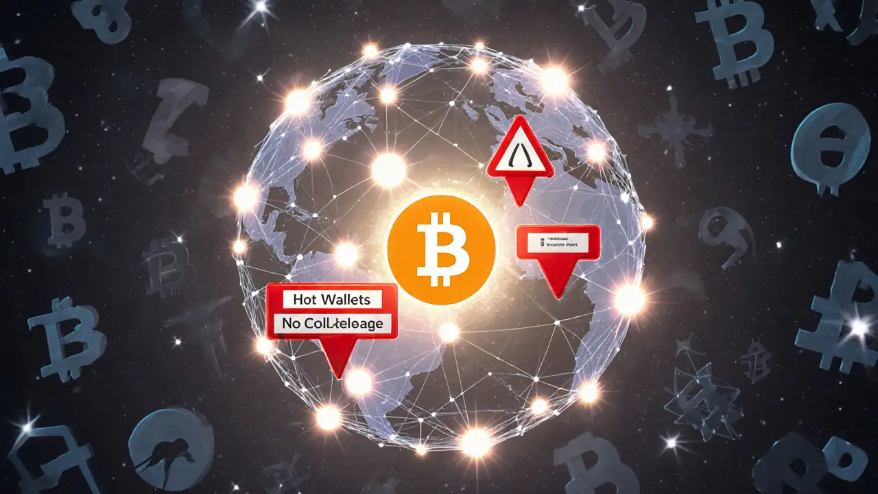 Global network of low-poly nodes pulsing with hash power, centered on Bitcoin.