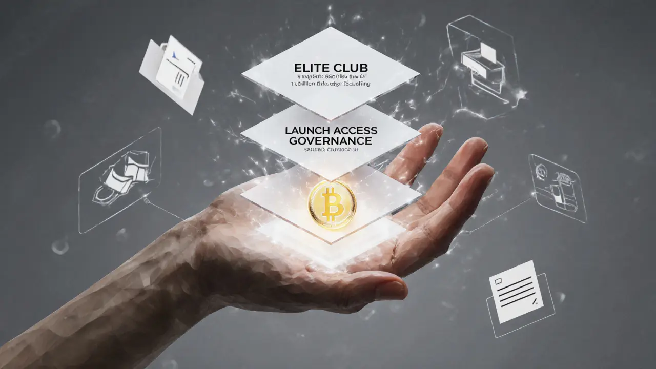 Hand holding SPO token activating staking tiers for NFT access and governance