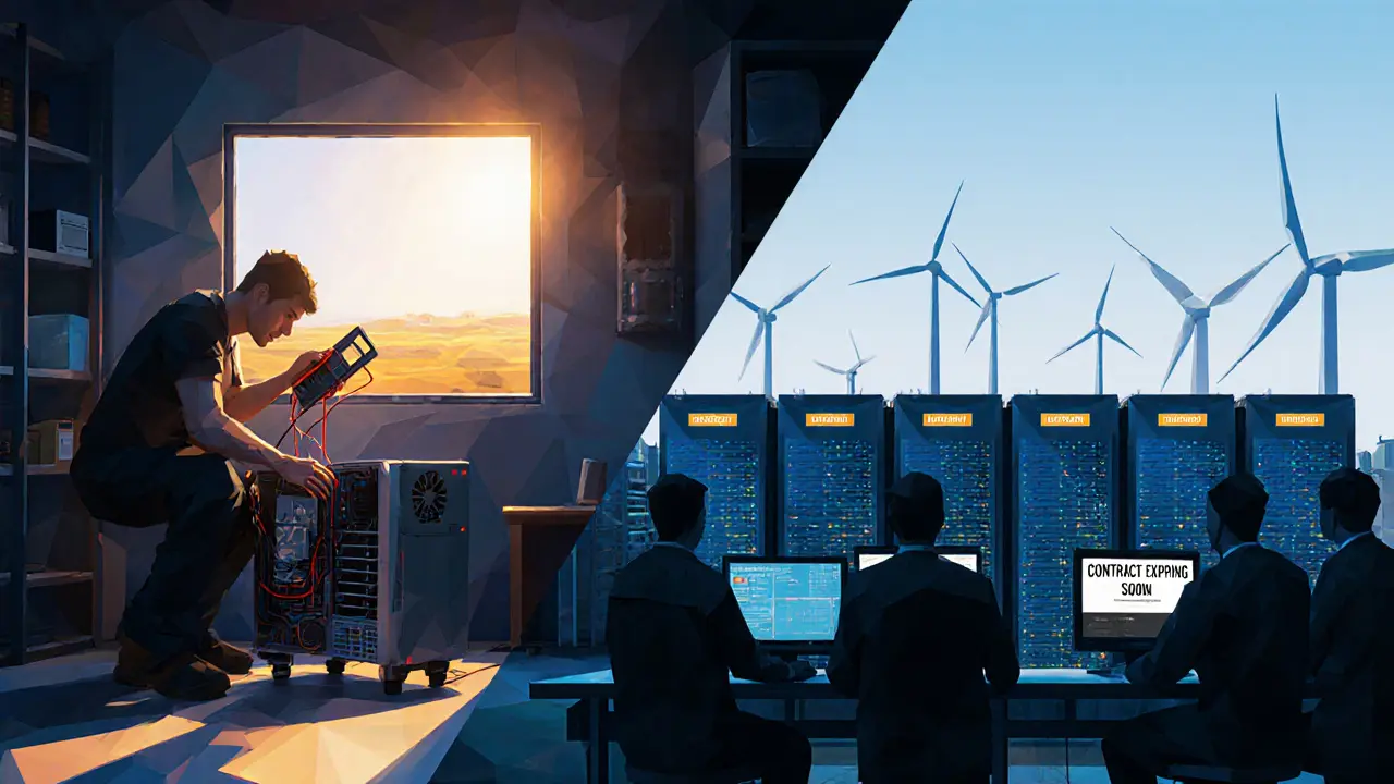 Home miner adjusting ASIC rig beside window with wind turbines, contrasted with shadowy server farm