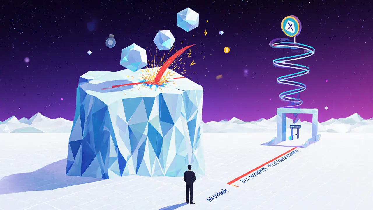 Iceberg-shaped order book with liquidation sparks and a secure wallet beneath a glowing AX token gate.