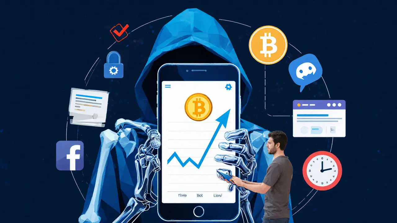 Investor watching a fake crypto chart as invisible scammer pulls strings of bots and timers.