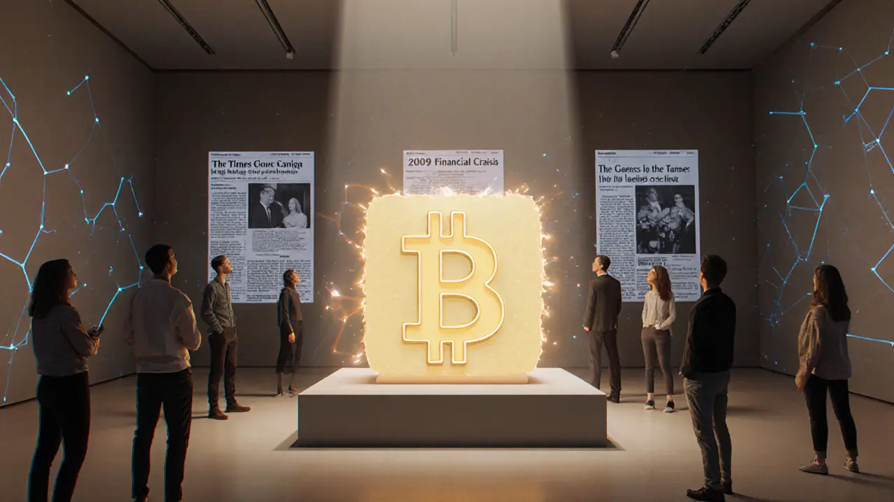 Museum display of genesis block with visitors and holographic financial crisis projections.