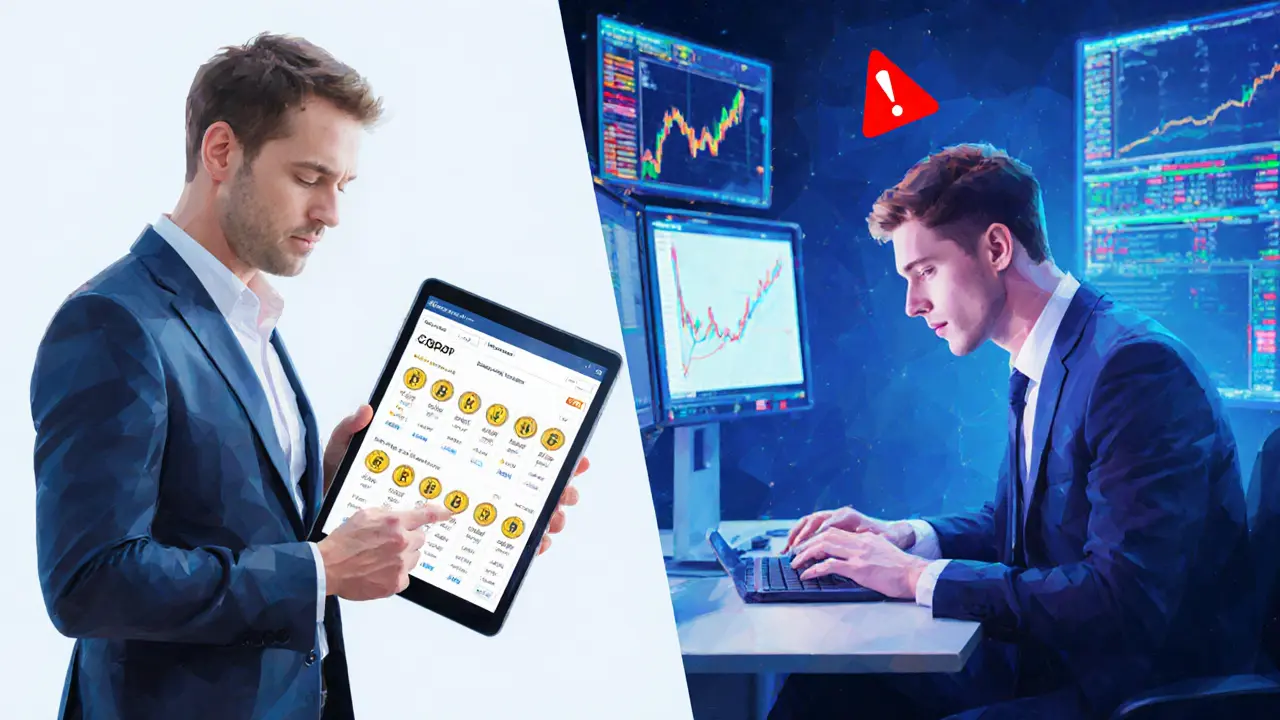 Private investor vs professional trader with crypto charts and warning icons.