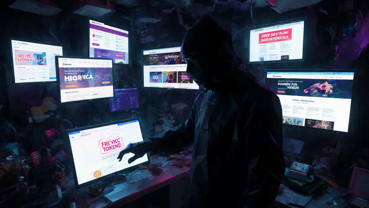 Scammer’s digital den with fake VIKC airdrop screens versus real crypto projects glowing nearby.