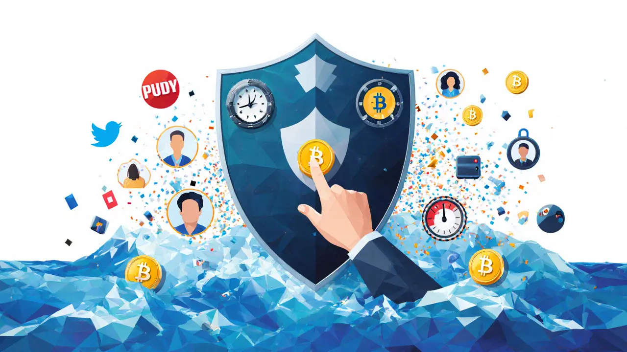 Shield of verification protections blocking a wave of scam tokens and fake social media hype.