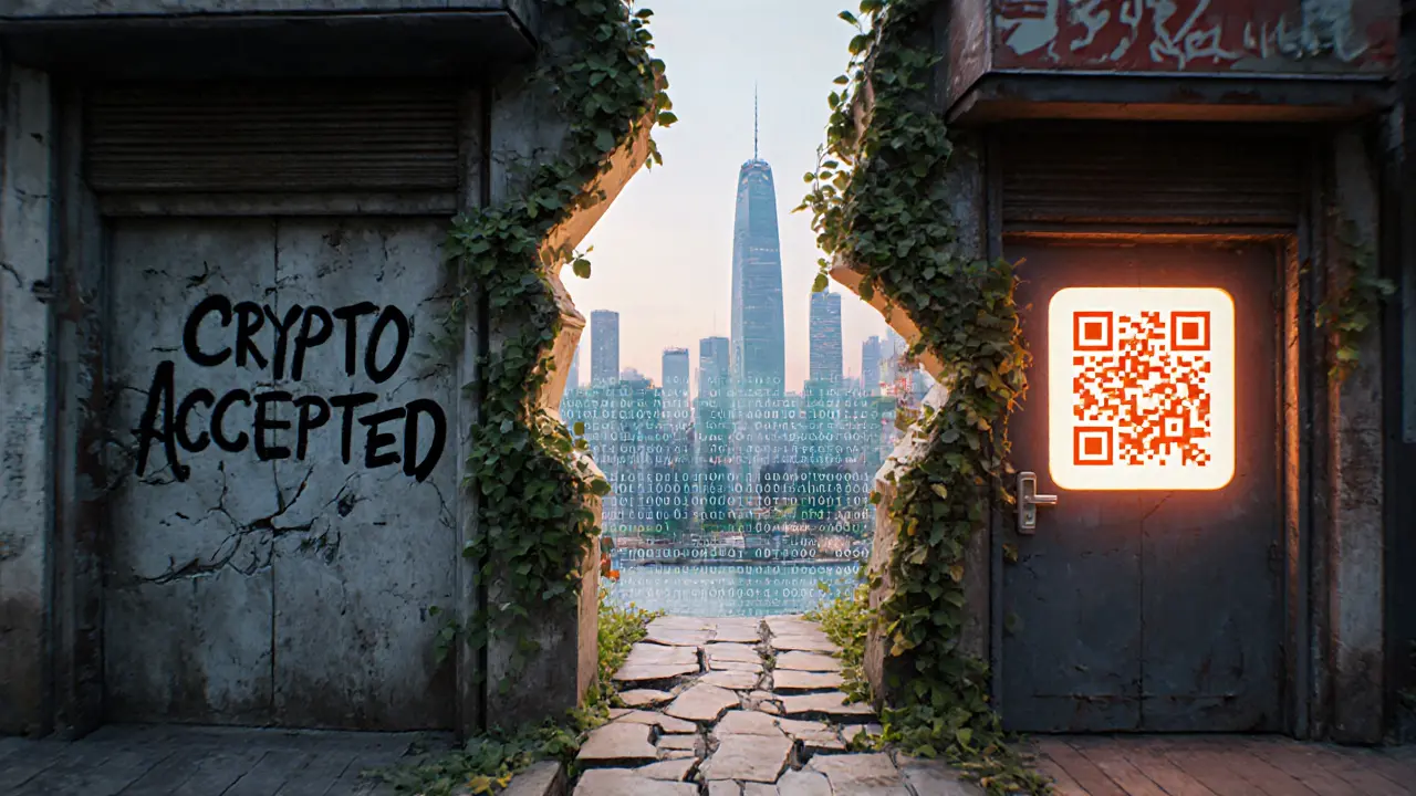 Split scene: closed business with faded crypto sign vs. open door with digital yuan QR code, separated by binary code barrier.