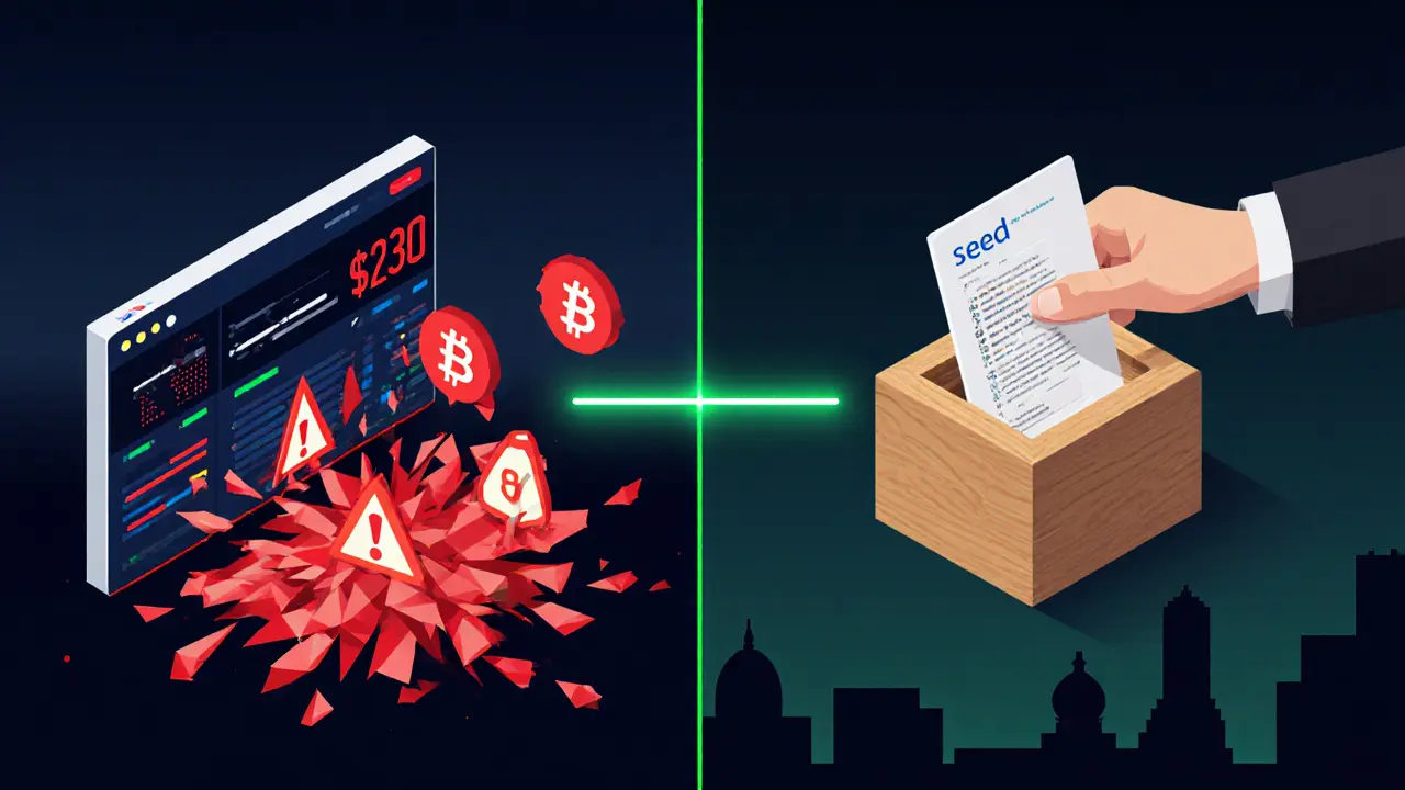Split scene: hacked exchange vs secure seed phrase storage, symbolizing crypto custody choice.