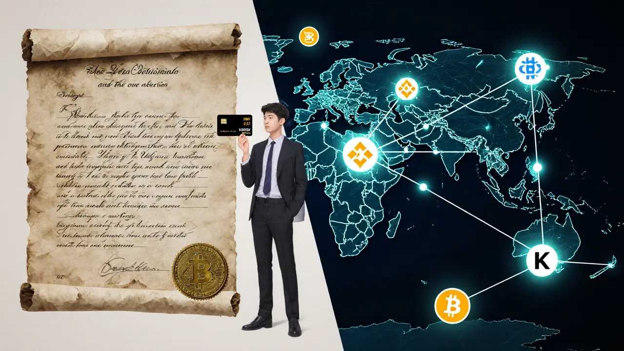 Split scene of 1947 legal document beside modern blockchain network with user in center.