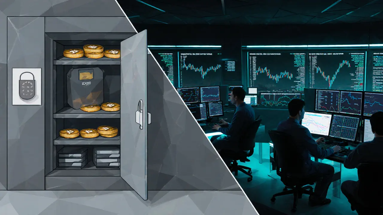 Split scene of cold storage vault and 2x leverage trading floor in geometric style