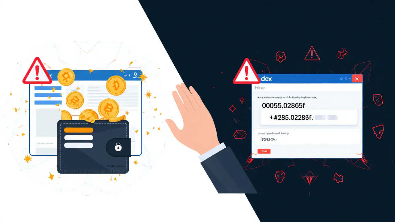 Split scene: safe burner wallet with real tokens vs. dead VIKC contract with red warnings.
