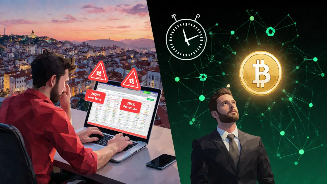 Split scene: trader paying 28% tax vs. investor with tax-free crypto after one year of holding.