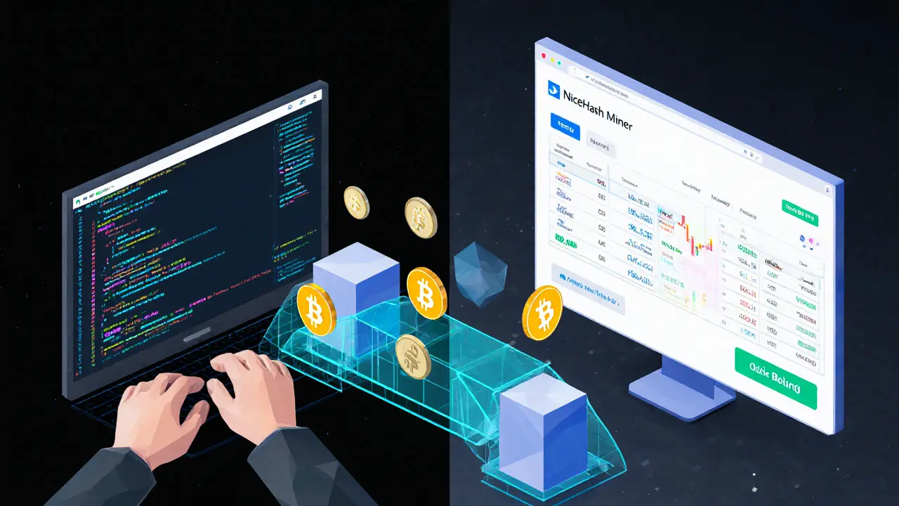 Split-screen of mining software and crypto exchange interface connected by geometric bridge.