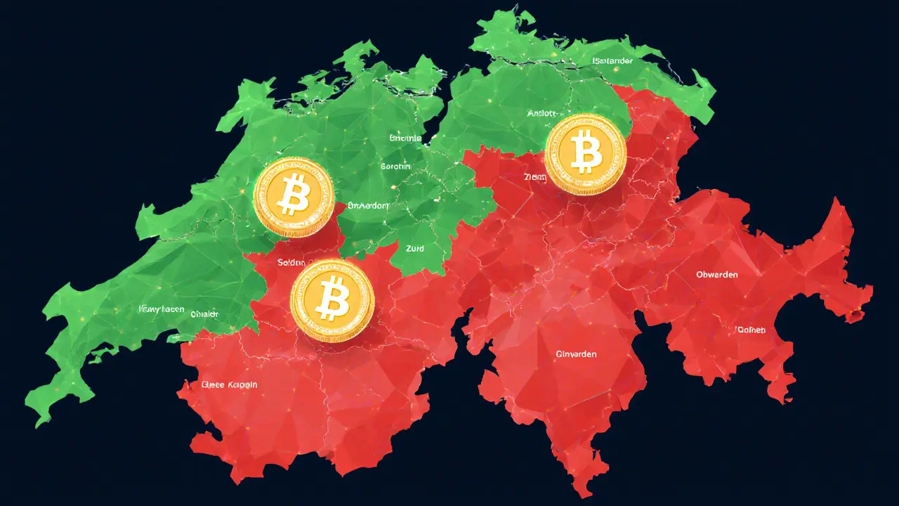 Swiss cantons colored by wealth tax rates with crypto tokens moving between them.