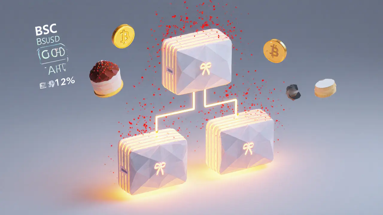 Three wallets in a pyramid structure with golden referral rewards and burning COINS particles.