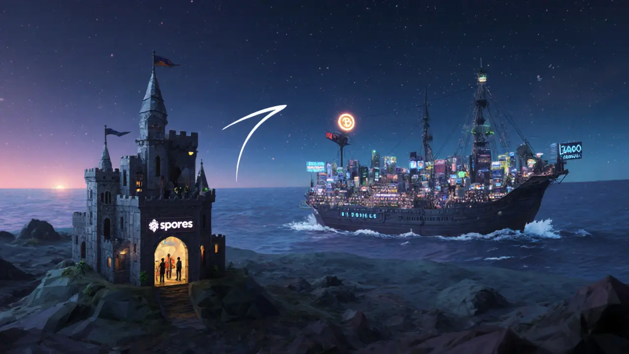 Tiny Spores Network fortress vs. massive OpenSea marketplace in digital landscape