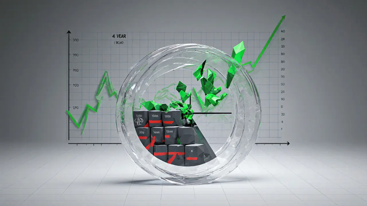 Transparent 3D vesting clock with team and community tokens unlocking over four years, price crashes in background.