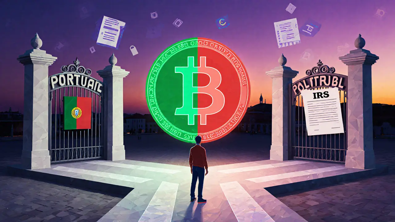 U.S. citizen at a crossroads in Lisbon, blocked from tax-free crypto by IRS regulations.