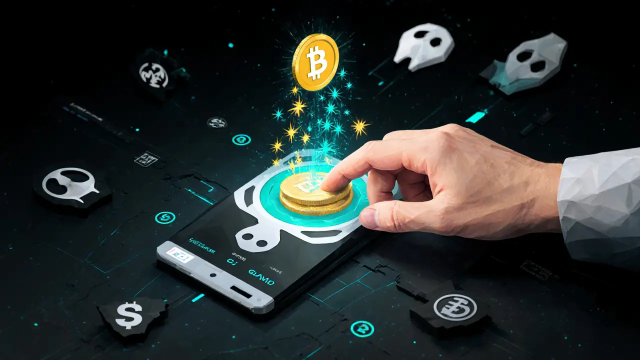 User interacting with Omnipair via Phantom wallet, surrounded by floating niche tokens and dual yield streams.