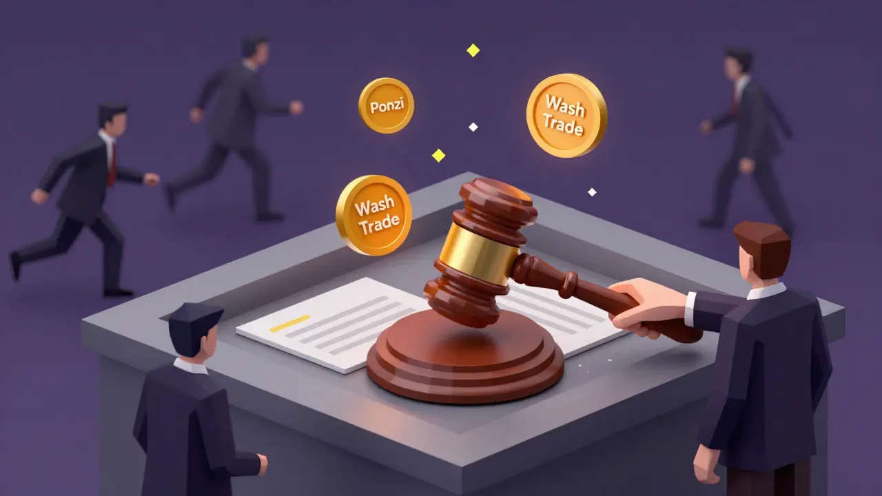 A courtroom scene with a gavel hitting a blockchain, tokens floating as executives flee in shadows.
