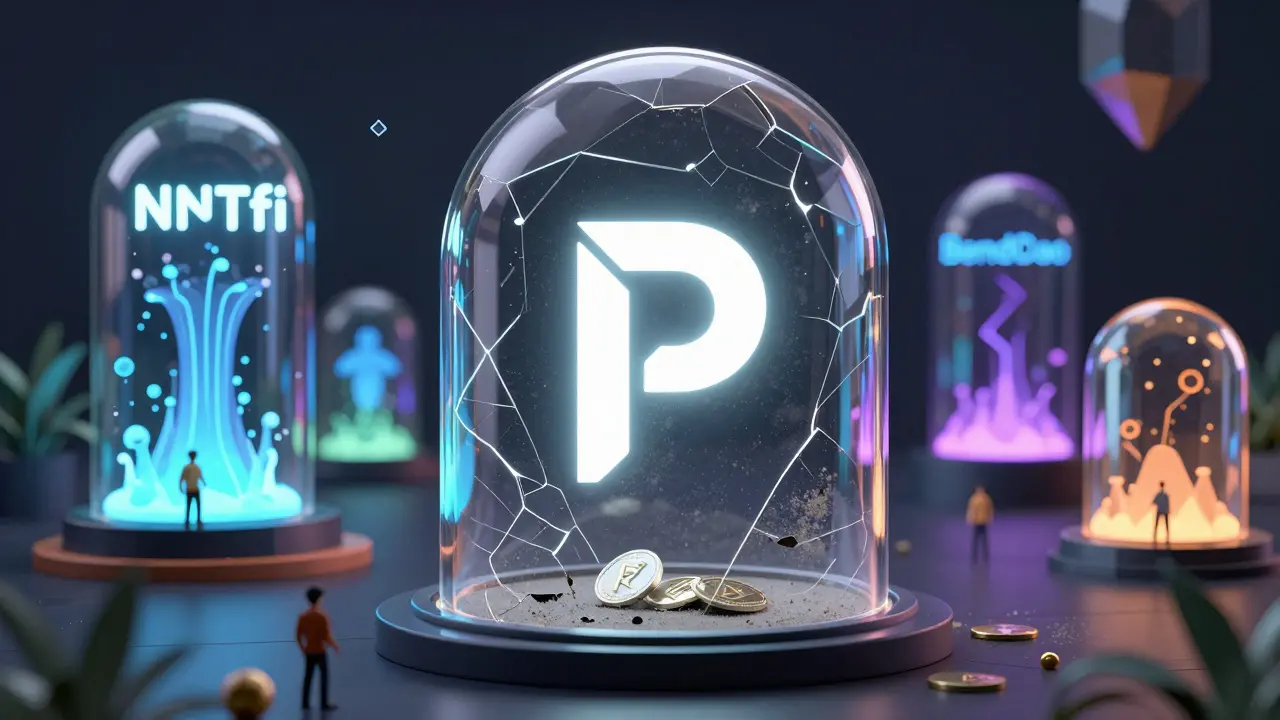 A cracked dome containing a faded PINE logo, contrasted with thriving DeFi projects outside.