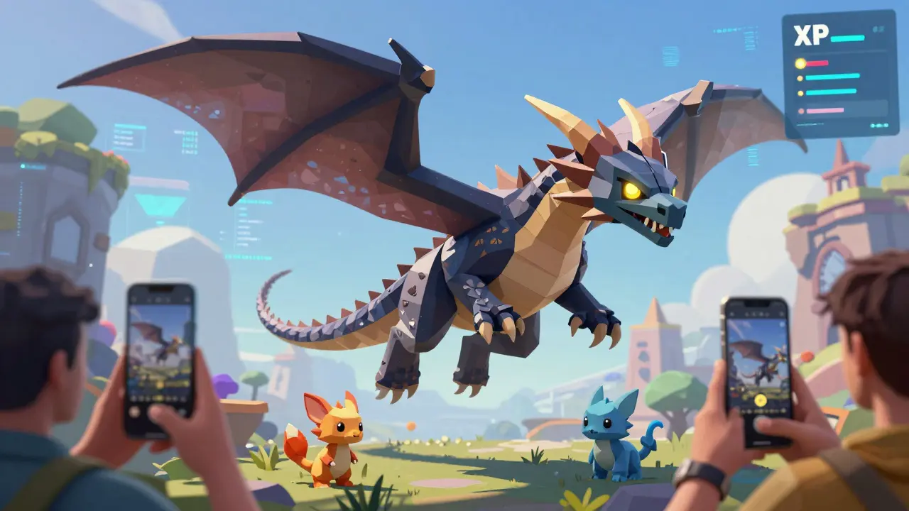 A dragon evolving visually with battle scars and stealth effects in a low-poly fantasy world.