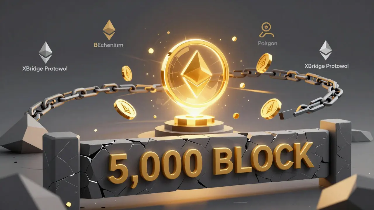 A glowing validator node surrounded by BLOCK tokens, with a 5,000 BLOCK barrier in the foreground in low poly design.