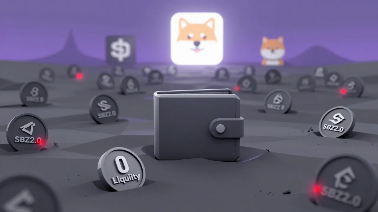 A lone wallet surrounded by worthless SBZ2.0 tokens in a barren digital wasteland, with major crypto coins shining far away.