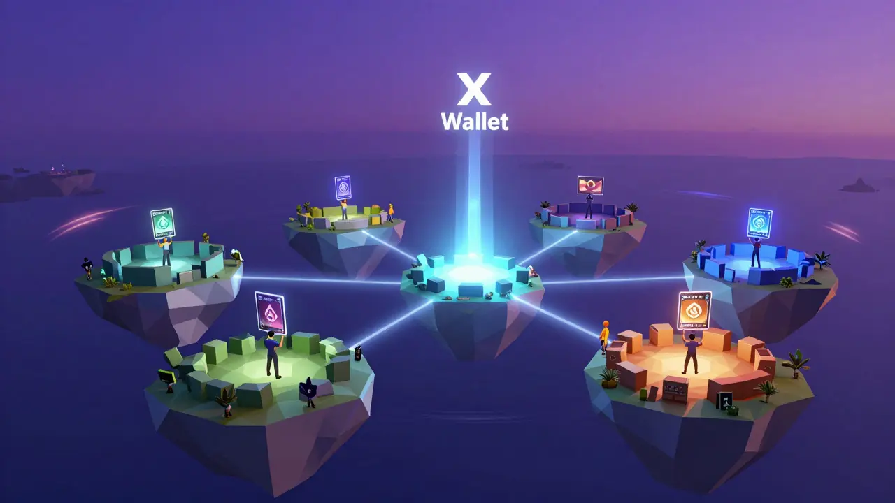 A metaverse landscape of gameplay islands connected by light rays to NFT cards.